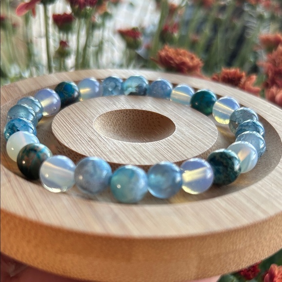 Handmade Sea Sediment Jasper + dyed Blue Agate + Opalite Beaded Bracelet * - Picture 2 of 3